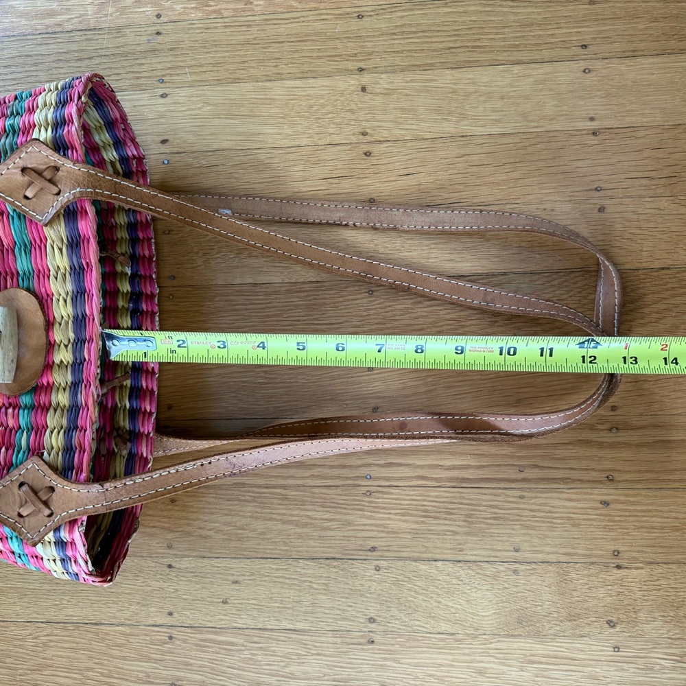 Vintage Woven Raffia Bucket Tote Multicolor with Leather Trim - Picture 11 of 13